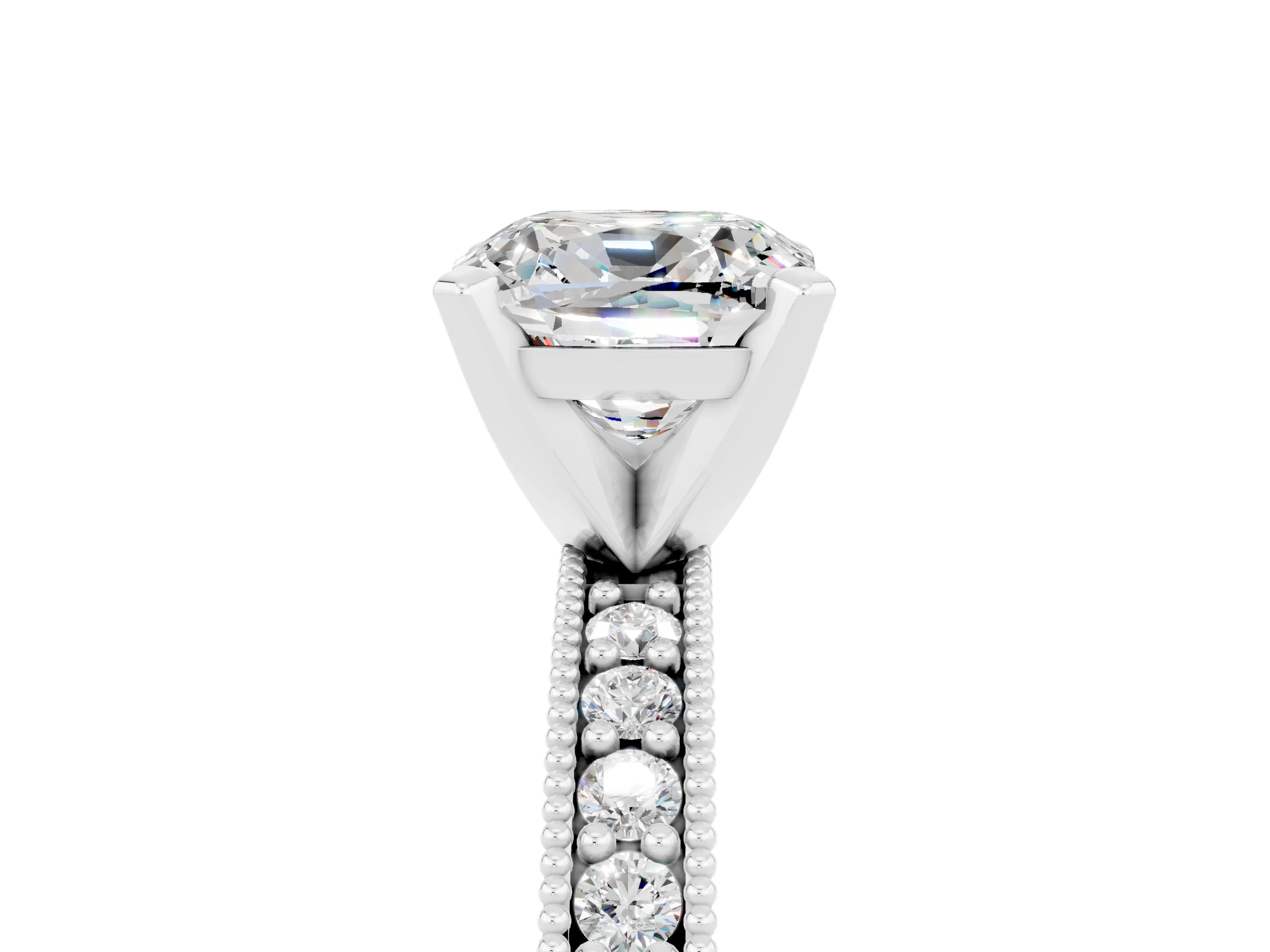 White gold Cushion Cut Moissanite Milgrain Pavé Engagement Ring with Four-Prong Setting_17