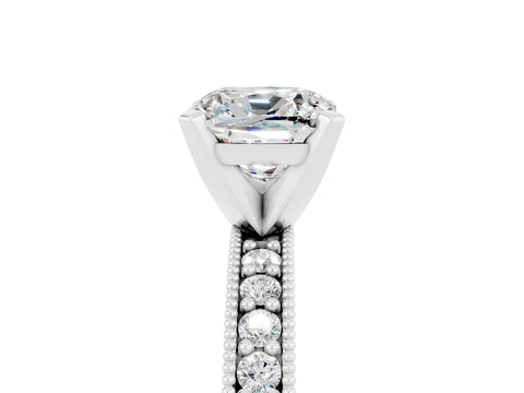 White gold Cushion Cut Moissanite Milgrain Pavé Engagement Ring with Four-Prong Setting_17