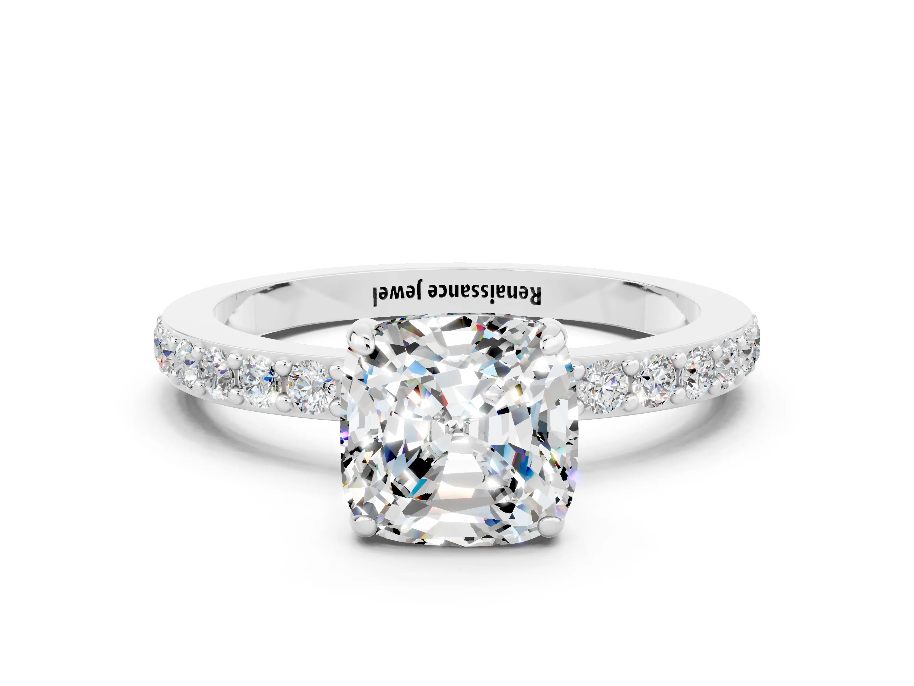 White gold Cushion Cut Moissanite Pavé Engagement Ring with Round  Accents and Prong Setting_24
