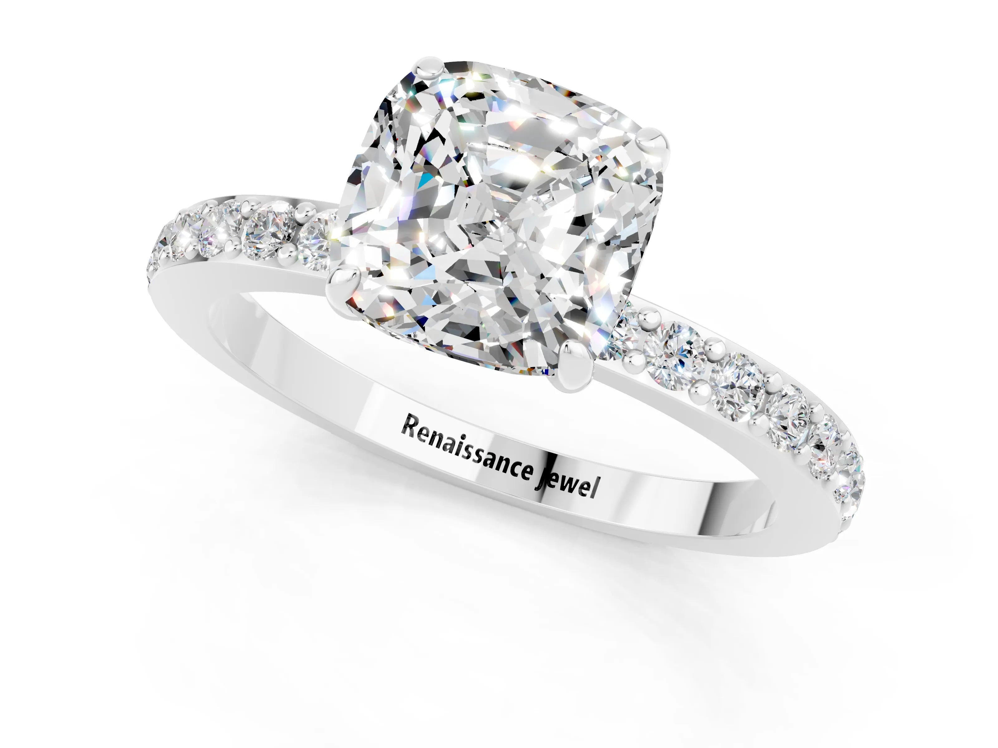 White gold Cushion Cut Moissanite Pavé Engagement Ring with Round  Accents and Prong Setting_25