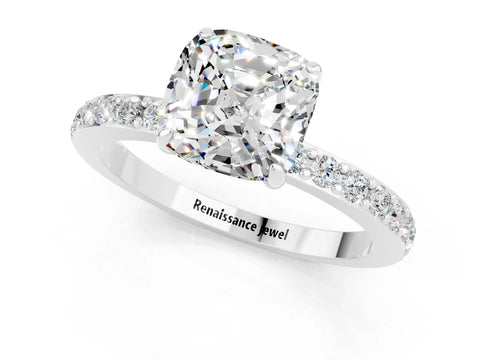White gold Cushion Cut Moissanite Pavé Engagement Ring with Round  Accents and Prong Setting_25