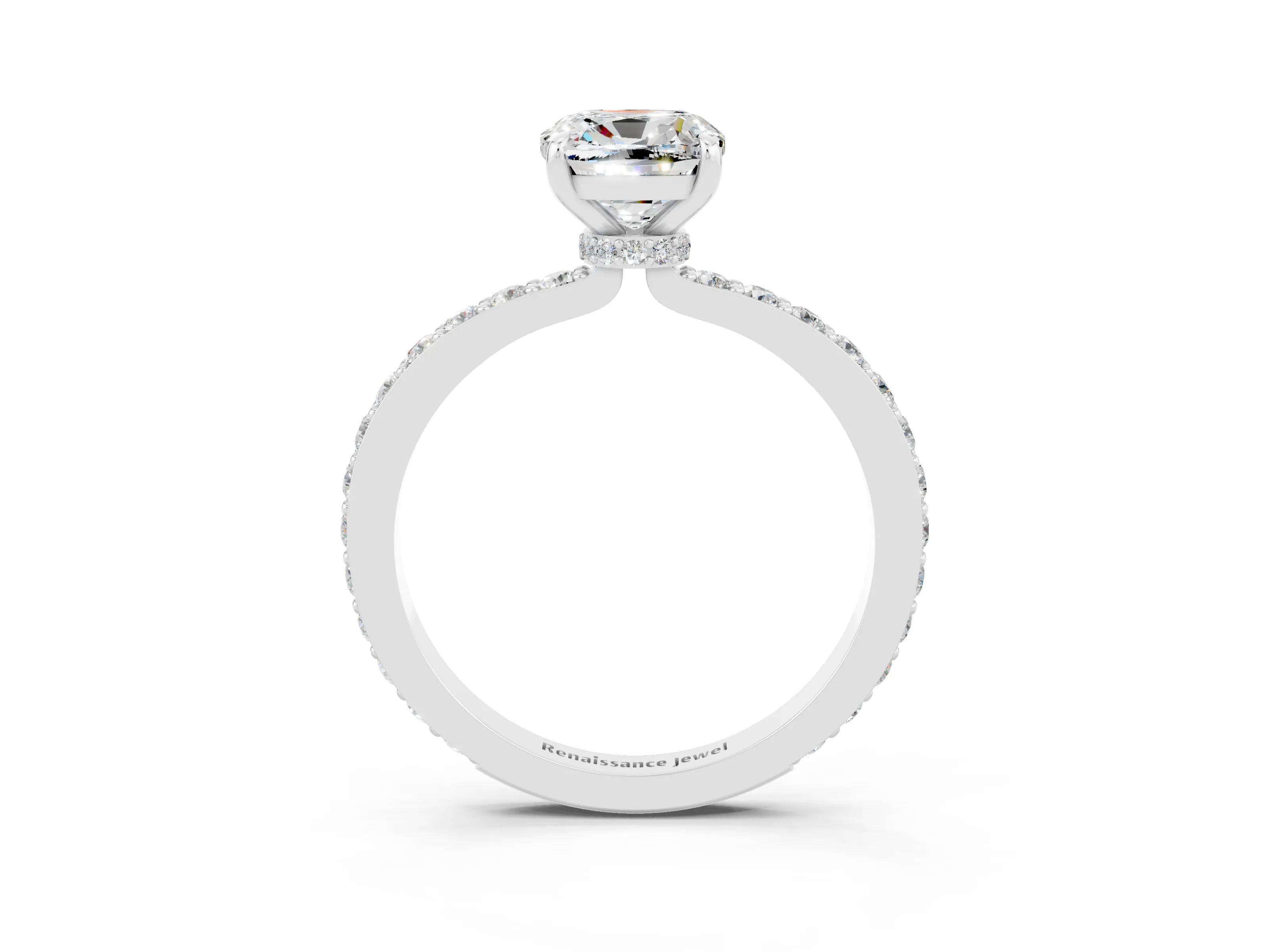 White gold Cushion Cut Moissanite Pavé Engagement Ring with Round  Accents and Prong Setting_27