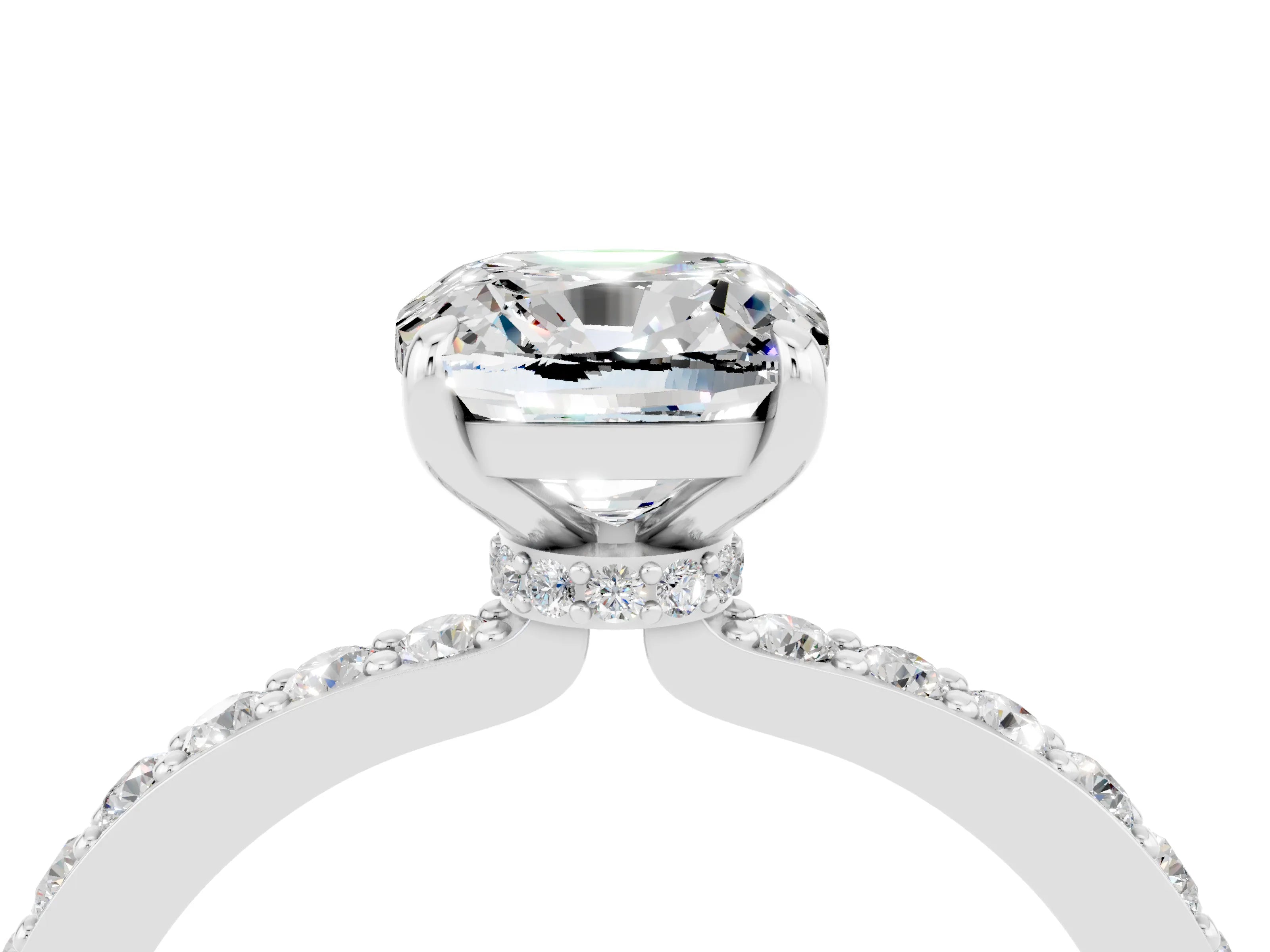 White gold Cushion Cut Moissanite Pavé Engagement Ring with Round  Accents and Prong Setting_28
