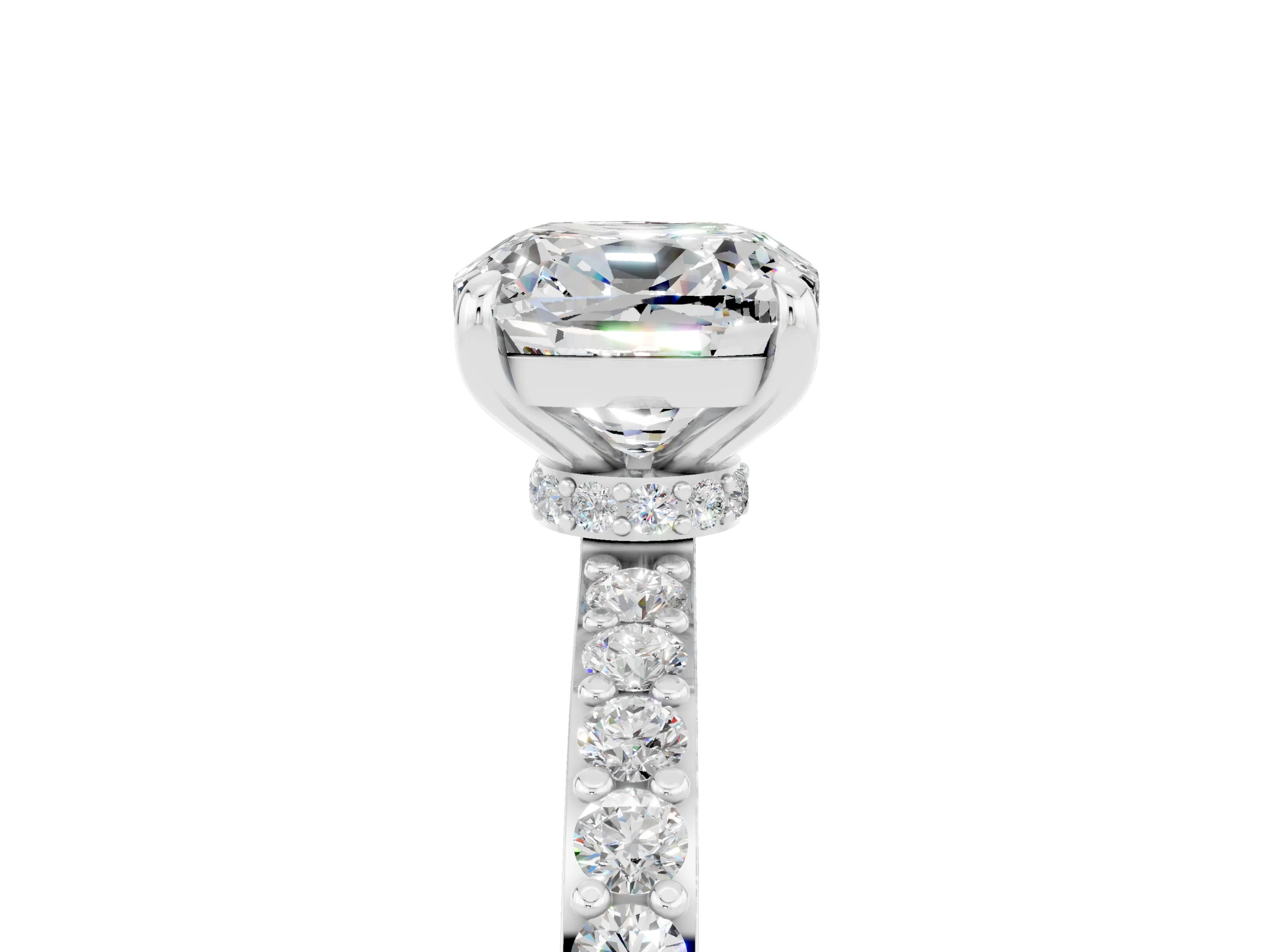 White gold Cushion Cut Moissanite Pavé Engagement Ring with Round  Accents and Prong Setting_29