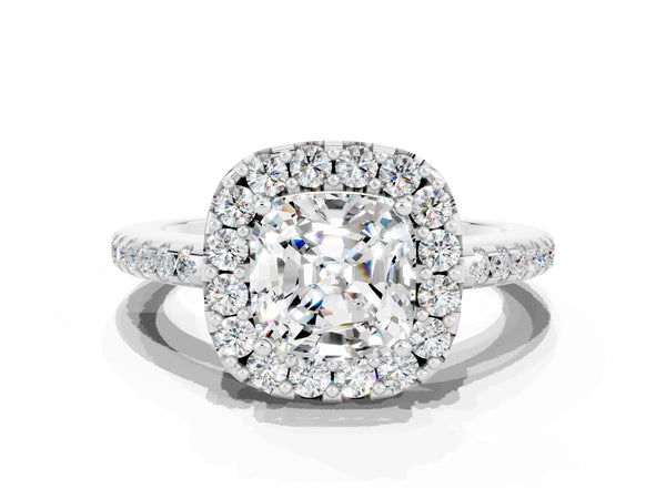 Platinum Cushion Cut Moissanite Pavé Halo Ring with Four-Prong Setting