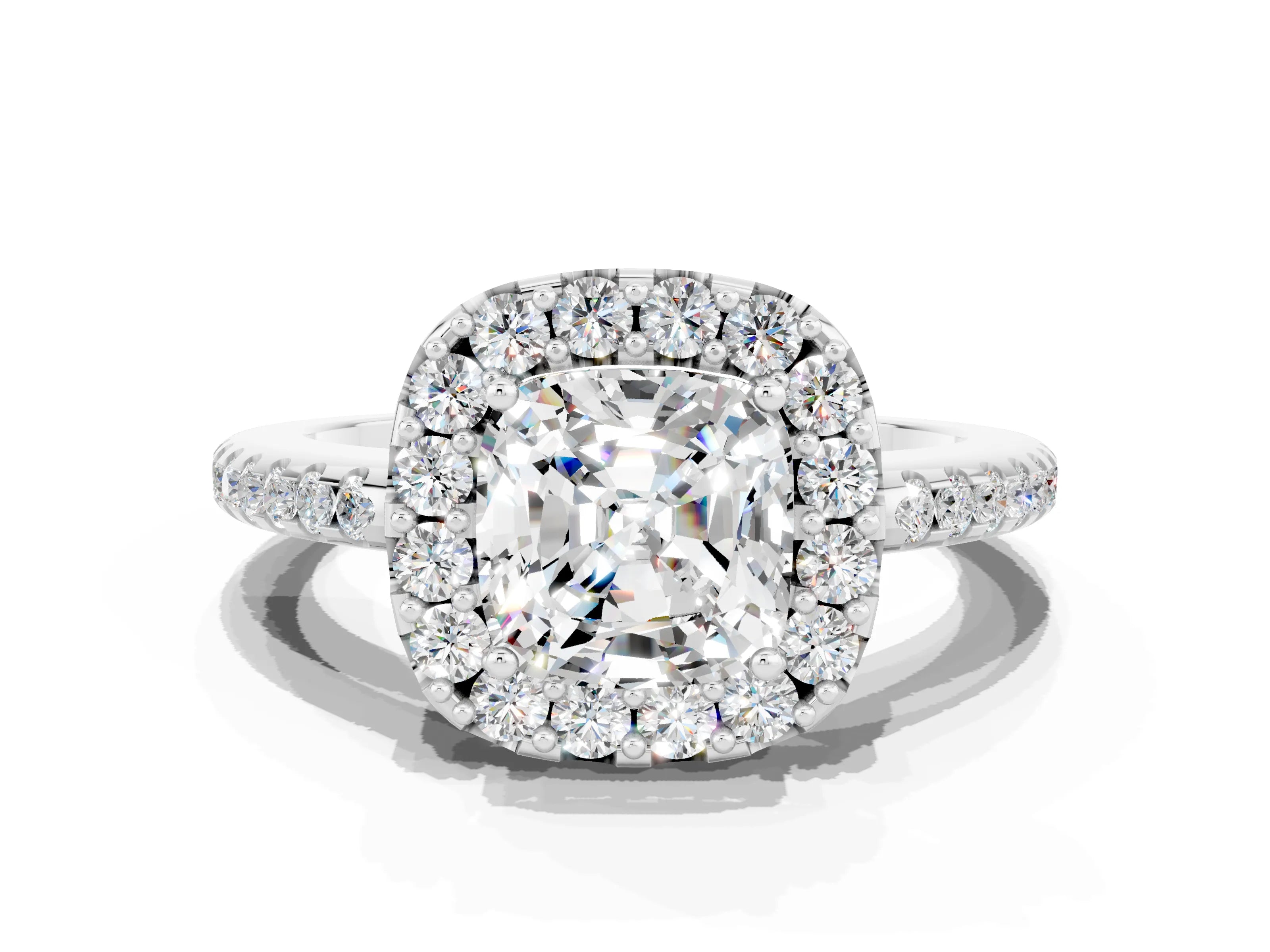 White gold Cushion Cut Moissanite Pavé Halo Ring with Four-Prong Setting_12