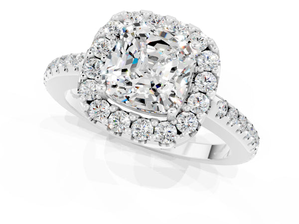 White gold Cushion Cut Moissanite Pavé Halo Ring with Four-Prong Setting