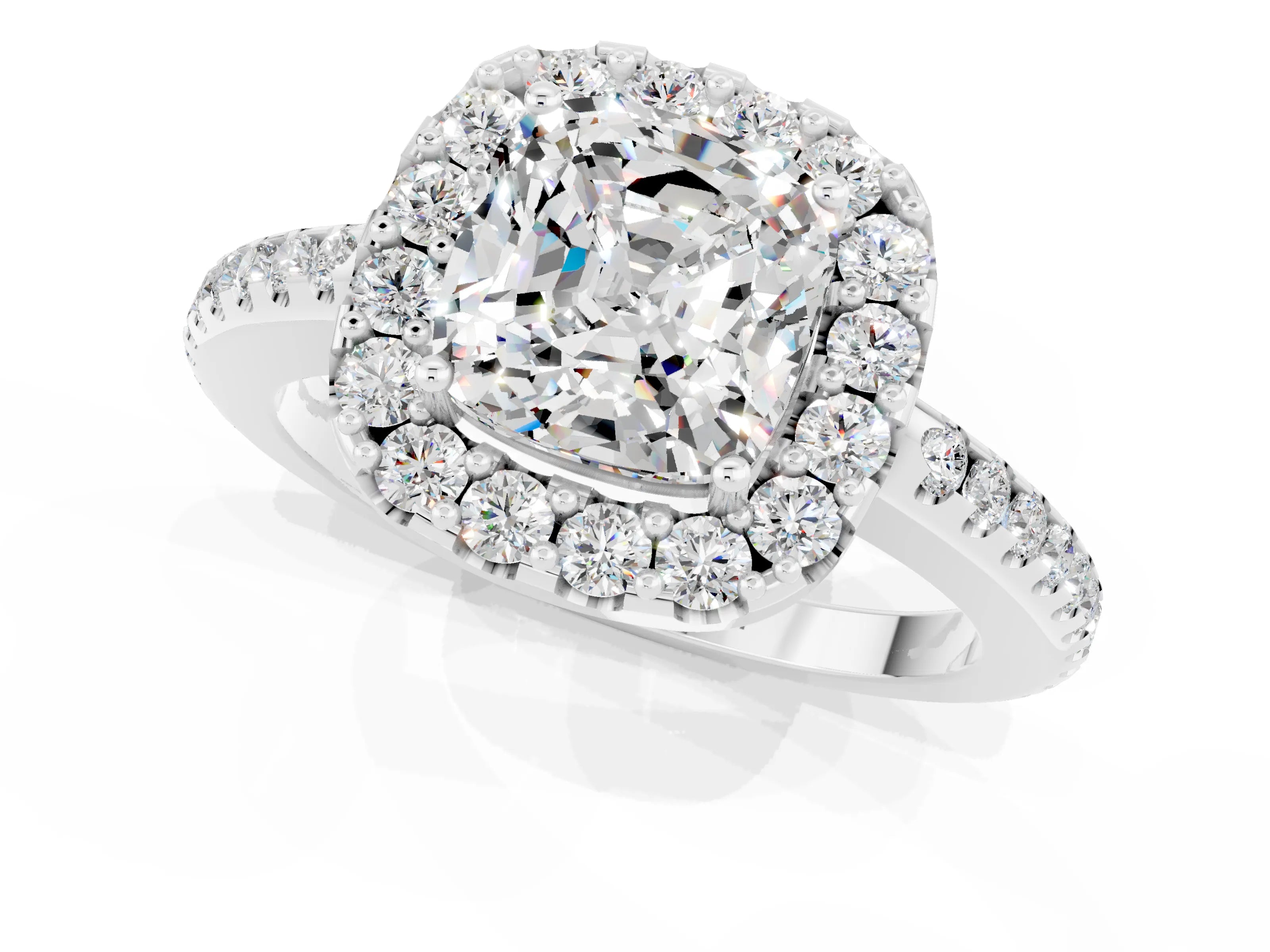 White gold Cushion Cut Moissanite Pavé Halo Ring with Four-Prong Setting_13