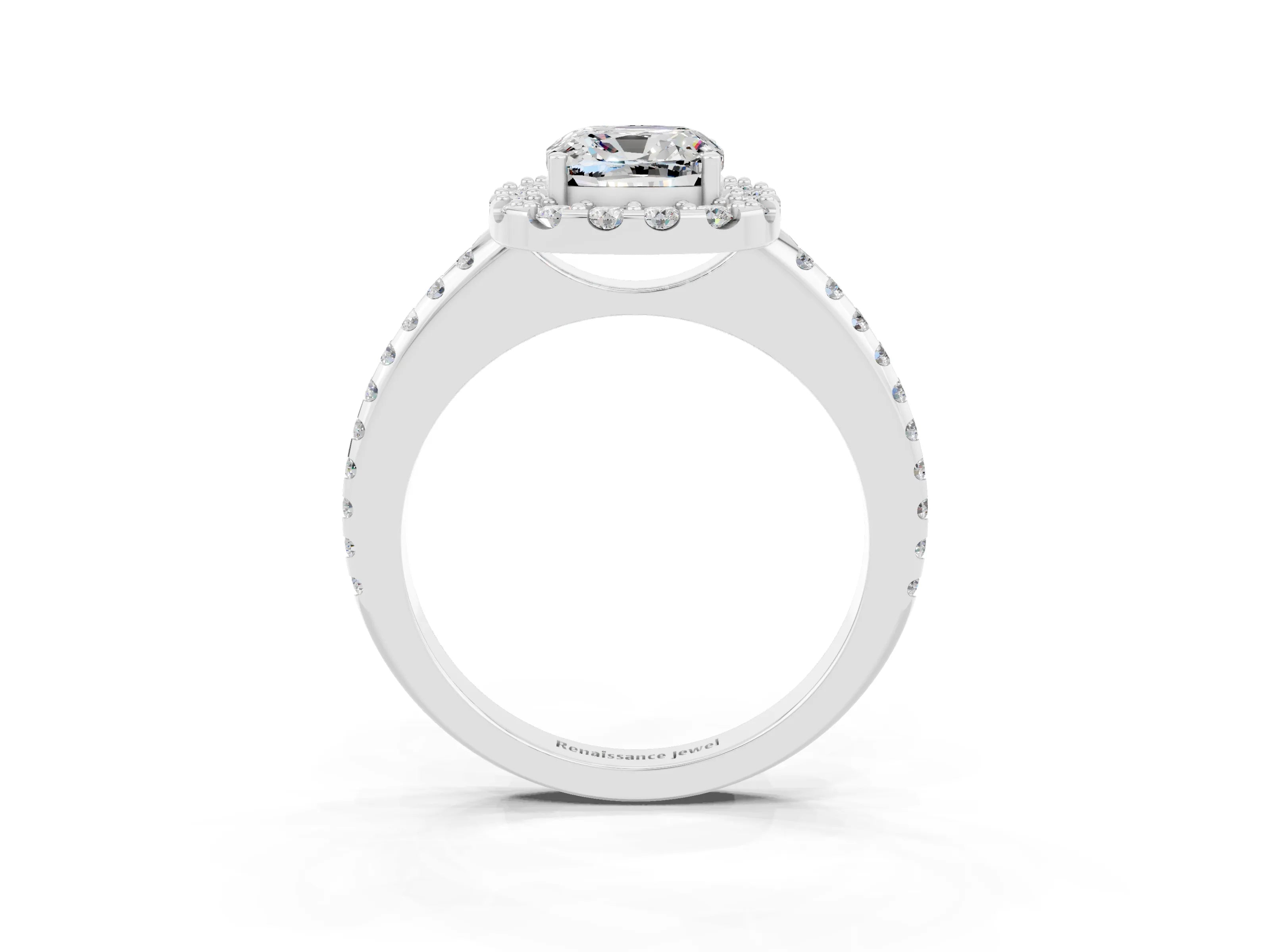 White gold Cushion Cut Moissanite Pavé Halo Ring with Four-Prong Setting_15