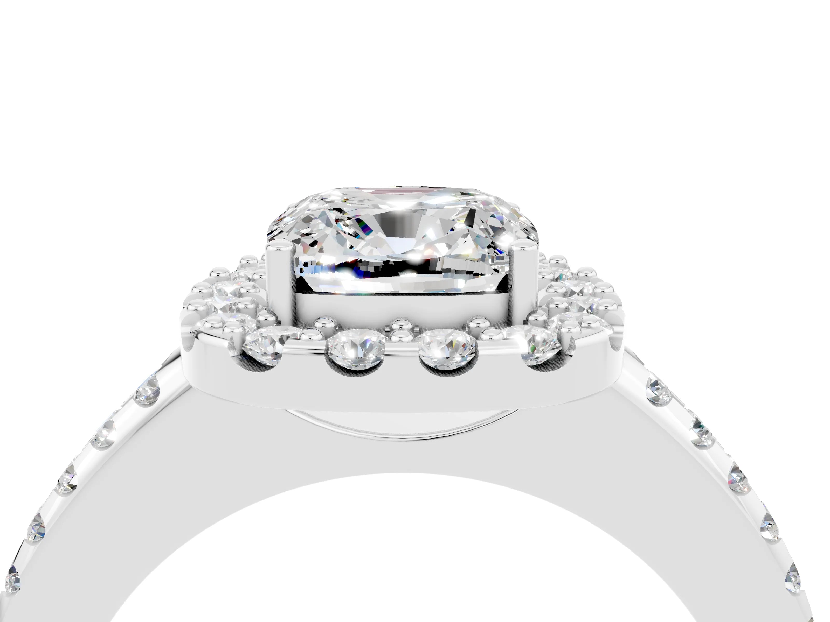 White gold Cushion Cut Moissanite Pavé Halo Ring with Four-Prong Setting_16
