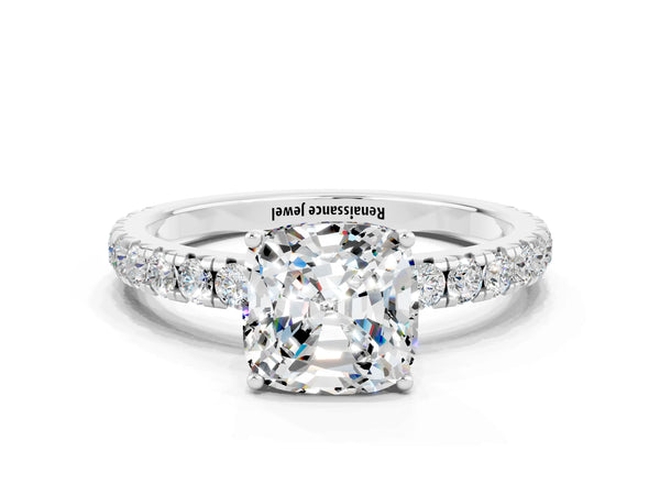 Platinum Cushion Cut Moissanite Pavé Solitaire Engagement Ring with Four-Prong Setting