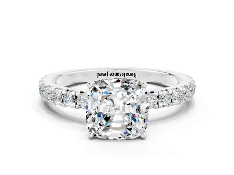 White gold Cushion Cut Moissanite Pavé Solitaire Engagement Ring with Four-Prong Setting_12