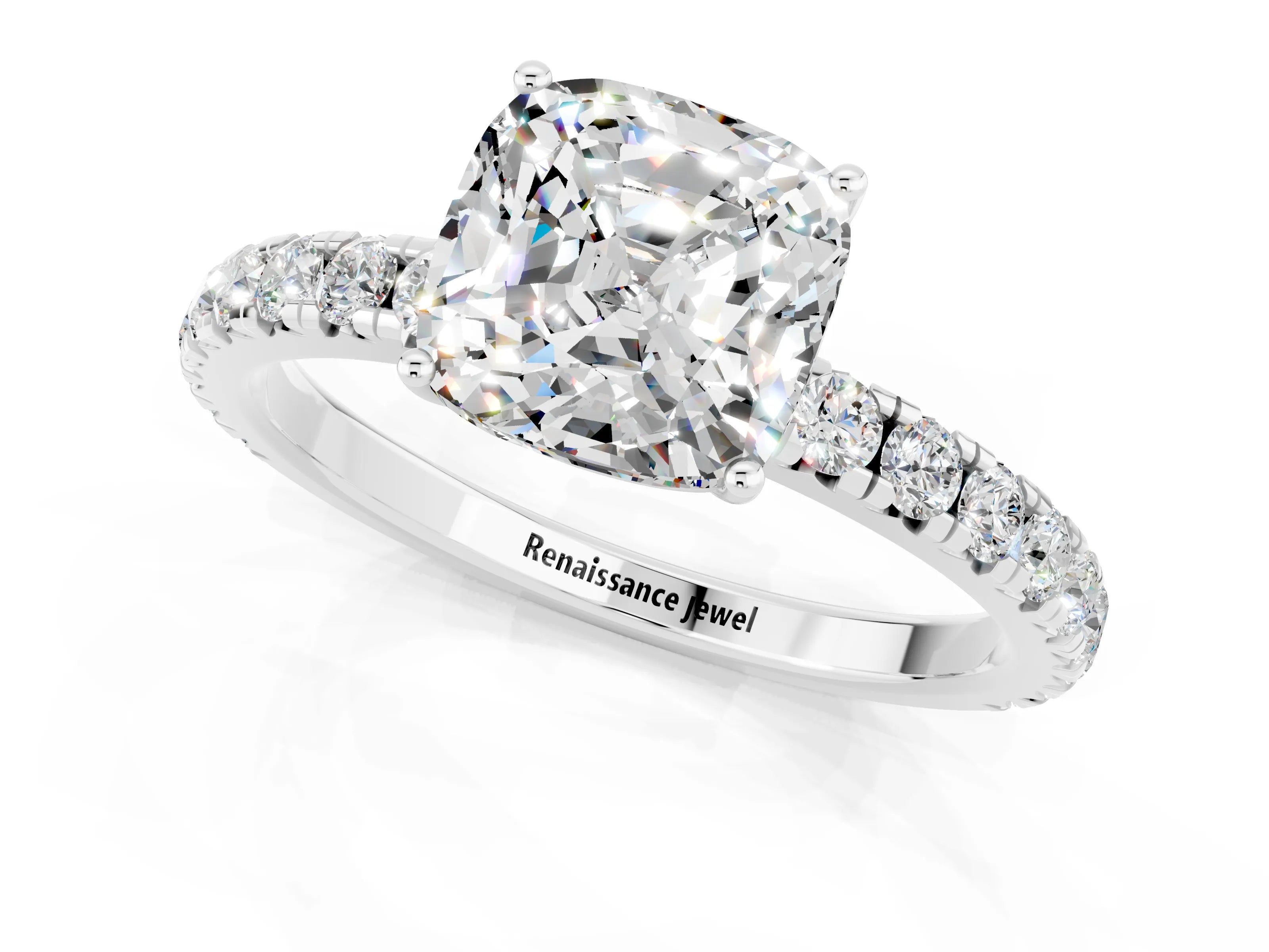 White gold Cushion Cut Moissanite Pavé Solitaire Engagement Ring with Four-Prong Setting_13