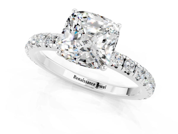 White gold Cushion Cut Moissanite Pavé Solitaire Engagement Ring with Four-Prong Setting