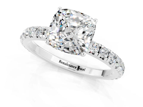 White gold Cushion Cut Moissanite Pavé Solitaire Engagement Ring with Four-Prong Setting_13
