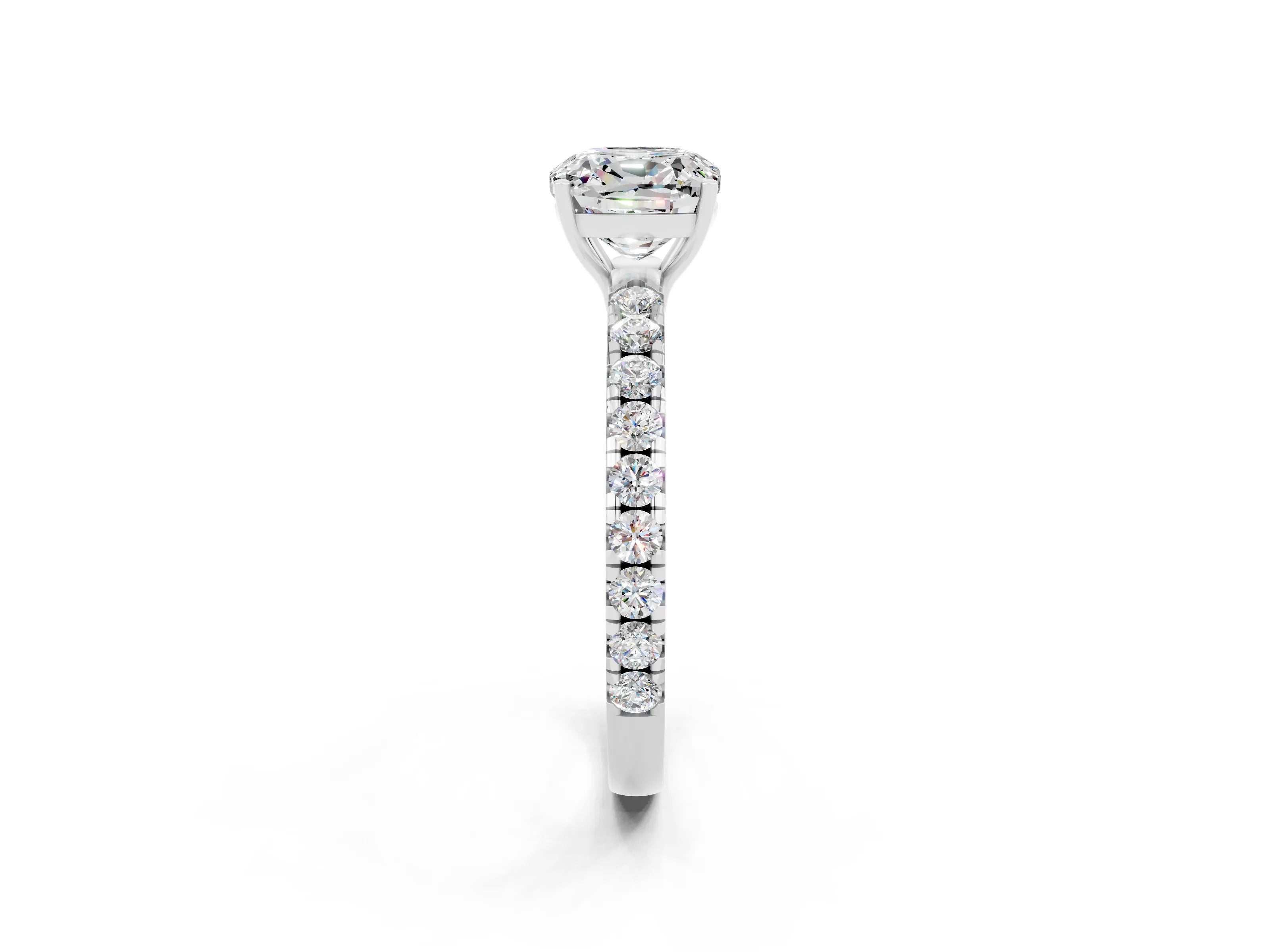 White gold Cushion Cut Moissanite Pavé Solitaire Engagement Ring with Four-Prong Setting_14