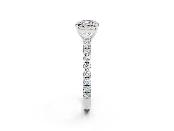 Silver Cushion Cut Moissanite Pavé Solitaire Engagement Ring with Four-Prong Setting