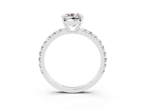 Silver Cushion Cut Moissanite Pavé Solitaire Engagement Ring with Four-Prong Setting