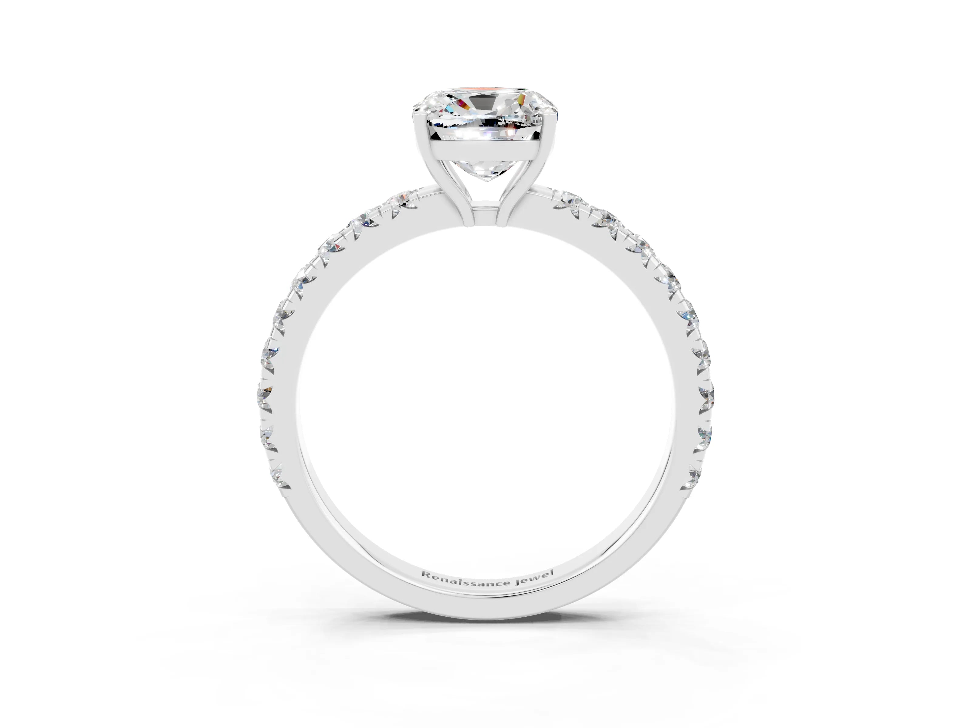 White gold Cushion Cut Moissanite Pavé Solitaire Engagement Ring with Four-Prong Setting_15