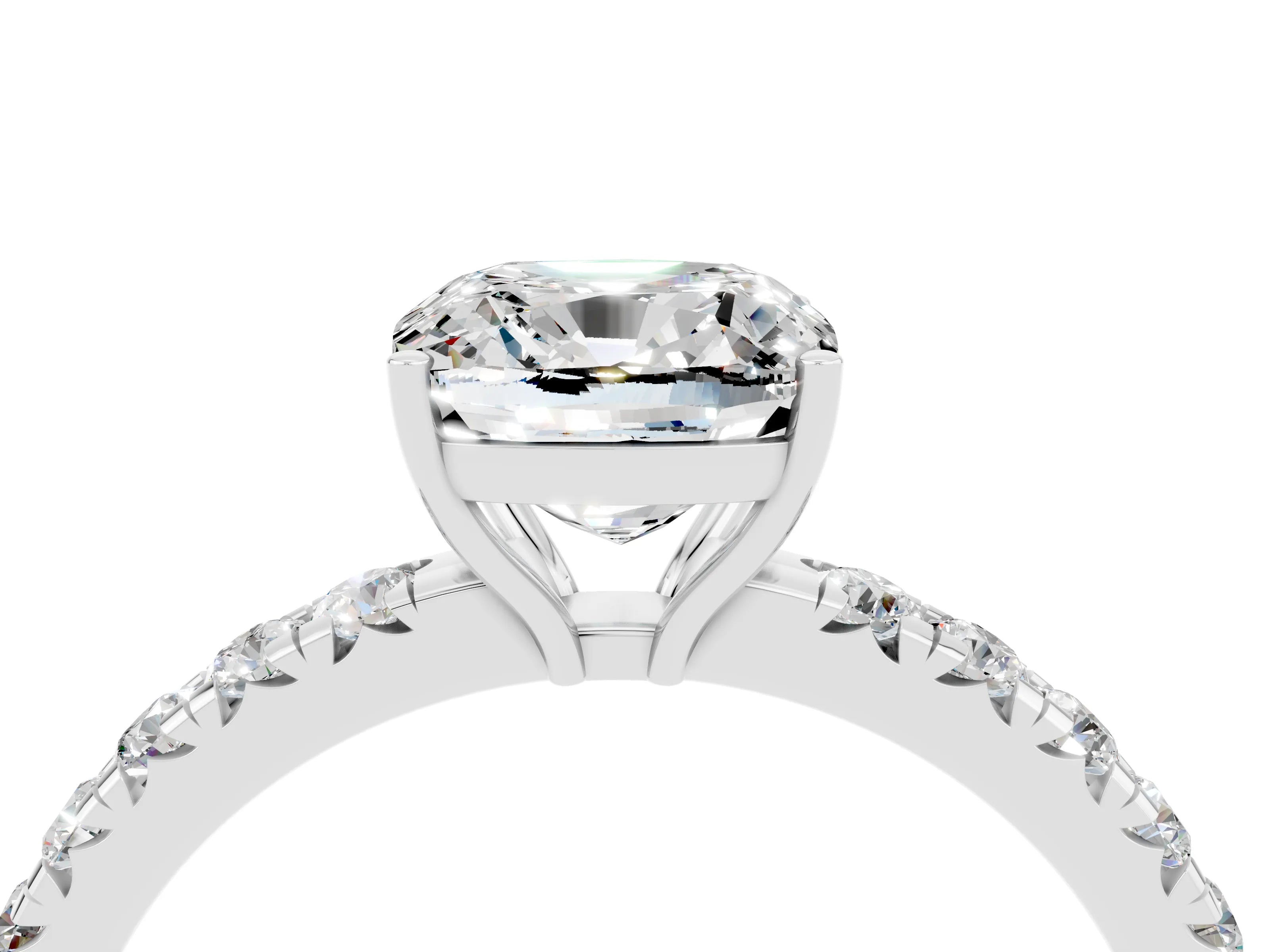 White gold Cushion Cut Moissanite Pavé Solitaire Engagement Ring with Four-Prong Setting_16