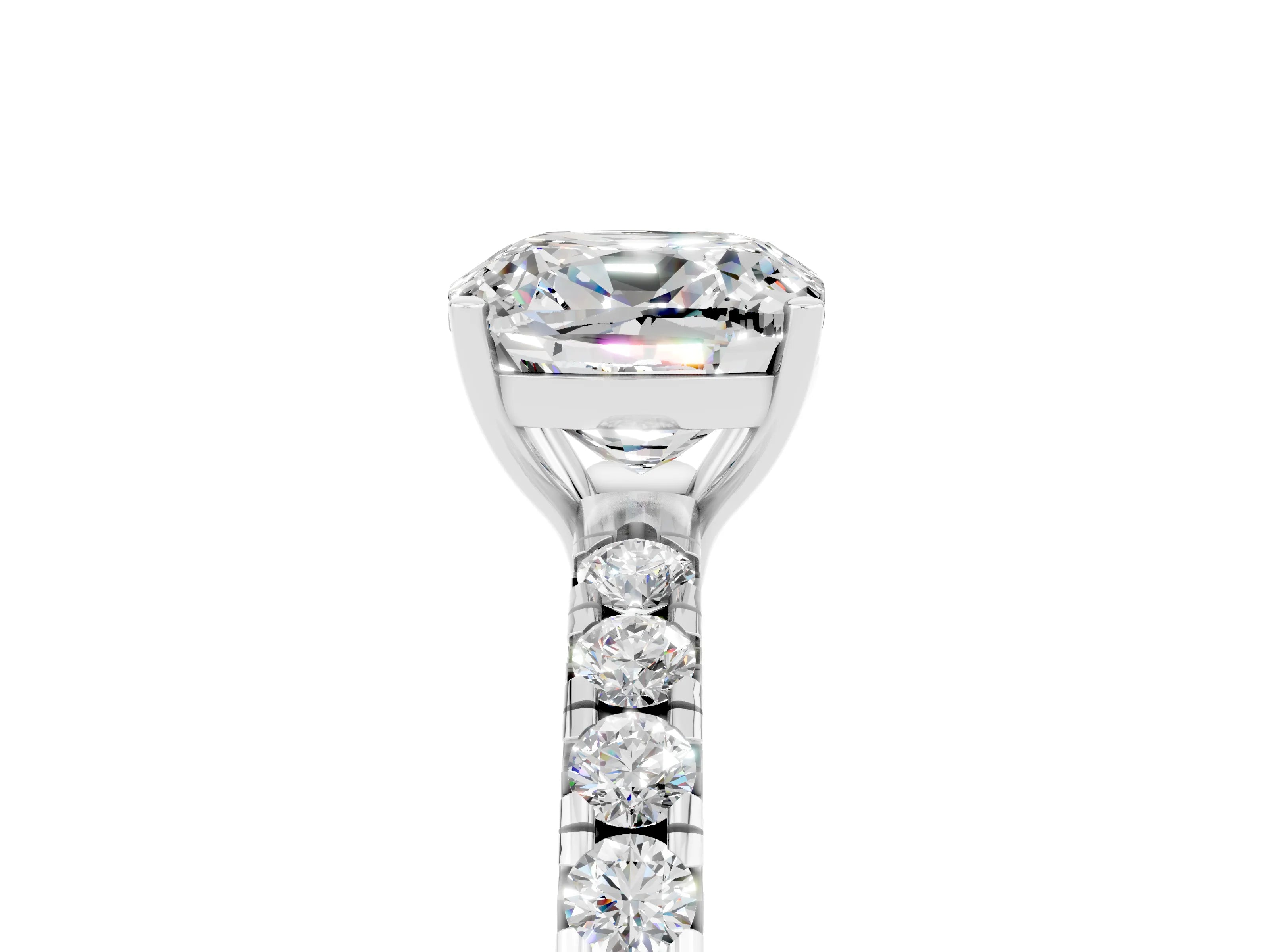 White gold Cushion Cut Moissanite Pavé Solitaire Engagement Ring with Four-Prong Setting_17