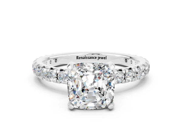 Platinum Cushion Cut Moissanite Pavé Solitaire Ring with Round Band and Prong Setting
