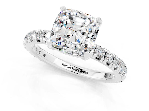 Silver Cushion Cut Moissanite Pavé Solitaire Ring with Round Band and Prong Setting