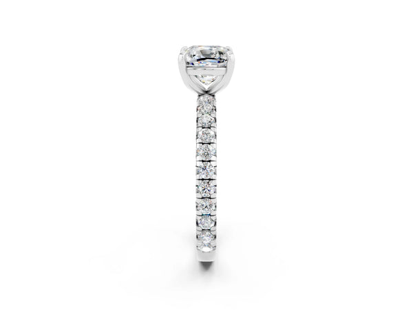 Platinum Cushion Cut Moissanite Pavé Solitaire Ring with Round Band and Prong Setting