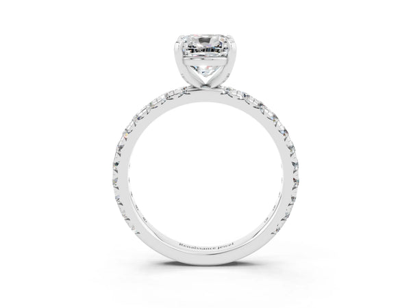 Silver Cushion Cut Moissanite Pavé Solitaire Ring with Round Band and Prong Setting