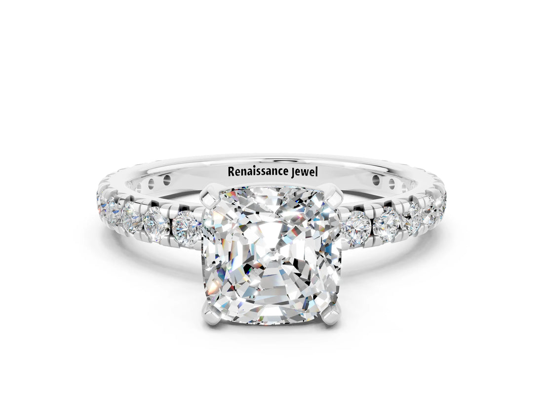 White gold Cushion Cut Moissanite Pavé Solitaire Ring with Round Band and Prong Setting_36