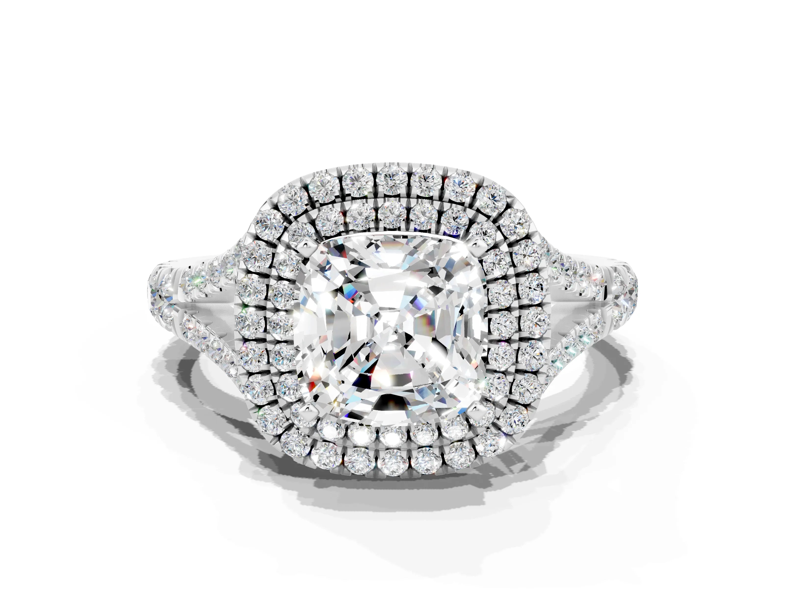 White gold Cushion Cut Moissanite Pavé Split Shank Double Halo Engagement Ring