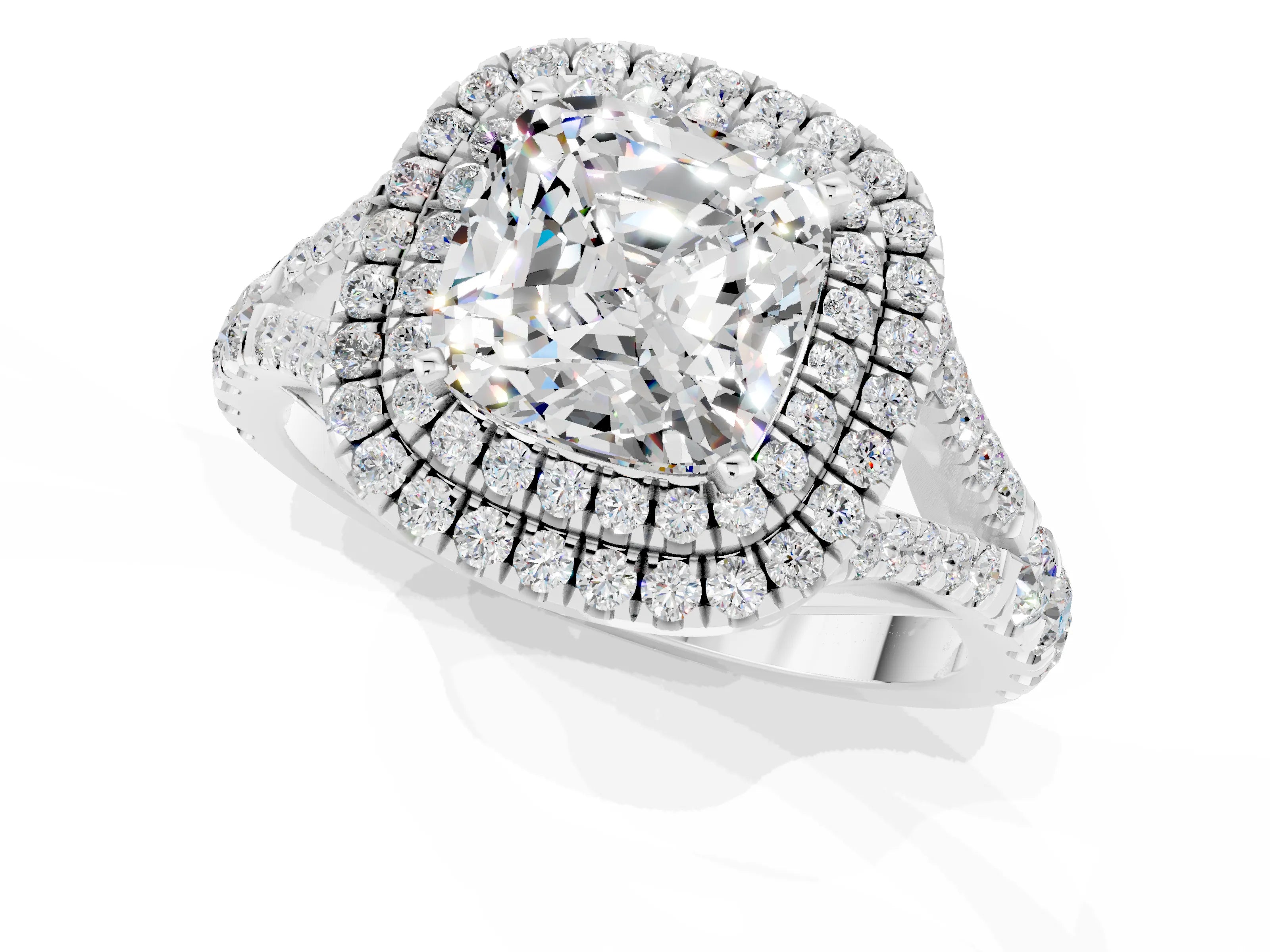 White gold Cushion Cut Moissanite Pavé Split Shank Double Halo Engagement Ring_1