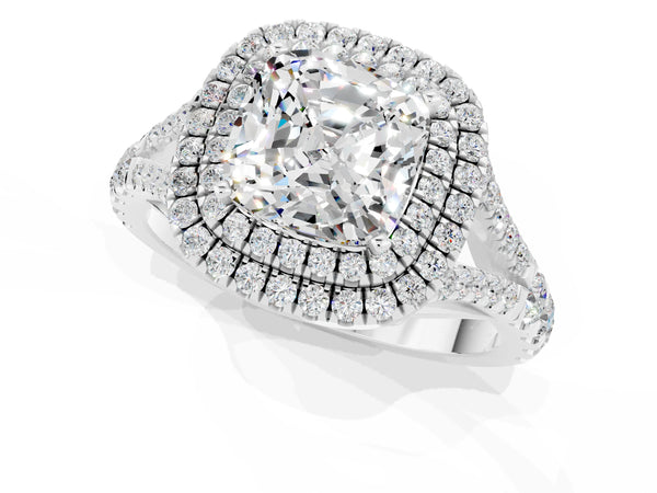 White gold Cushion Cut Moissanite Pavé Split Shank Double Halo Engagement Ring