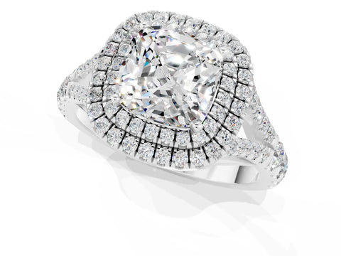 White gold Cushion Cut Moissanite Pavé Split Shank Double Halo Engagement Ring_1