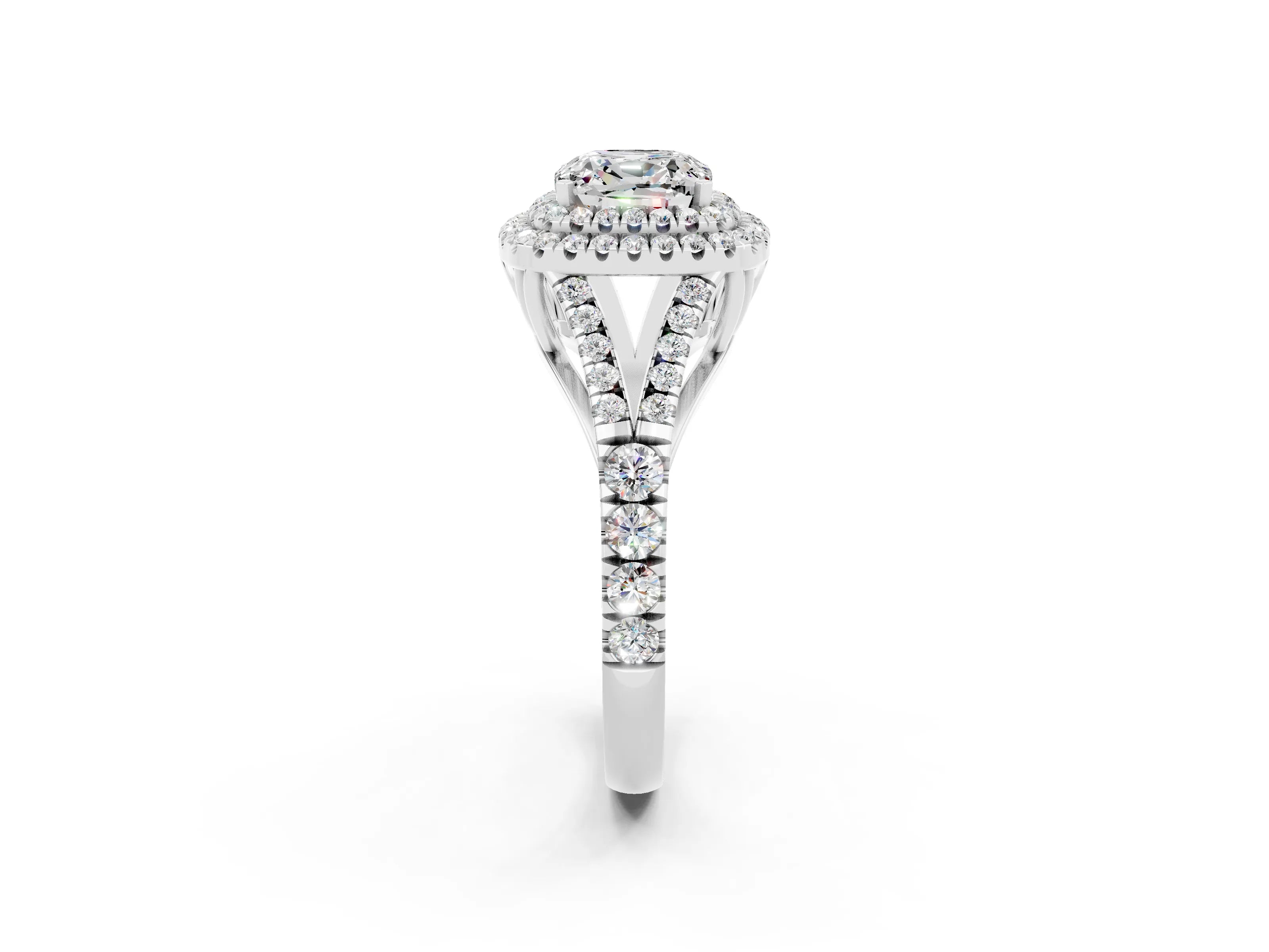 White gold Cushion Cut Moissanite Pavé Split Shank Double Halo Engagement Ring_2