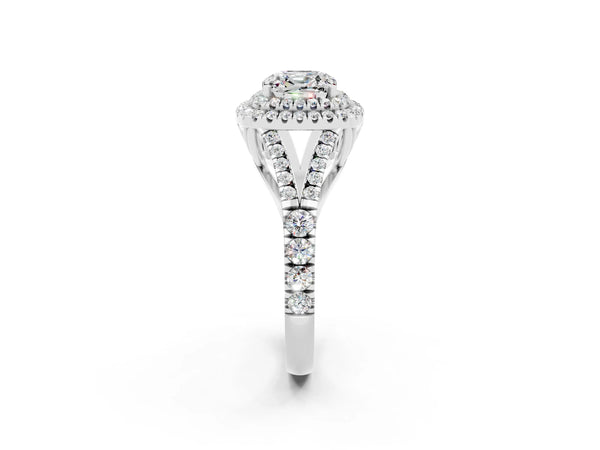 Silver Cushion Cut Moissanite Pavé Split Shank Double Halo Engagement Ring