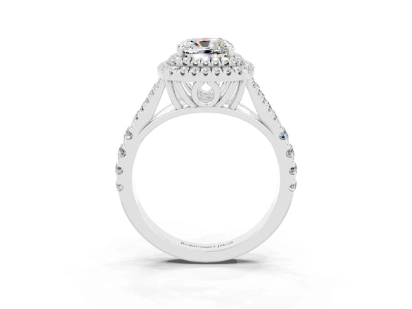 Platinum Cushion Cut Moissanite Pavé Split Shank Double Halo Engagement Ring