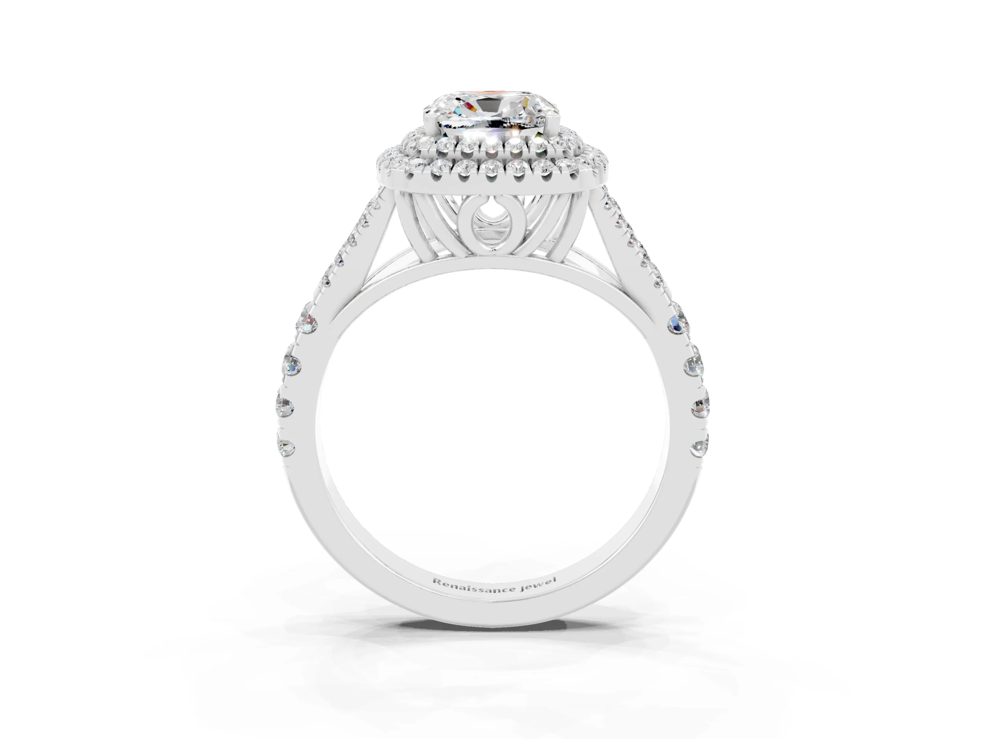White gold Cushion Cut Moissanite Pavé Split Shank Double Halo Engagement Ring_3