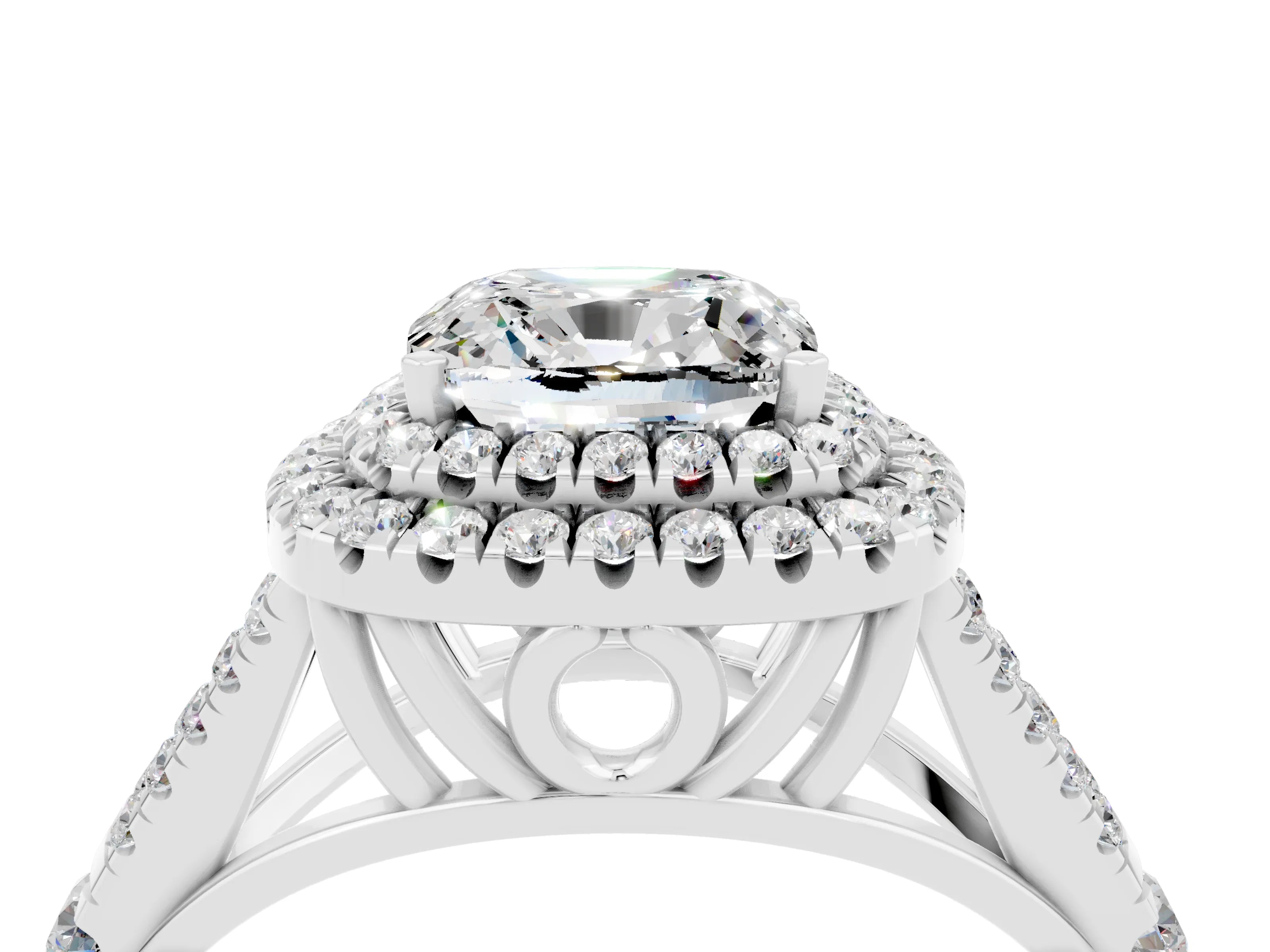 White gold Cushion Cut Moissanite Pavé Split Shank Double Halo Engagement Ring_4
