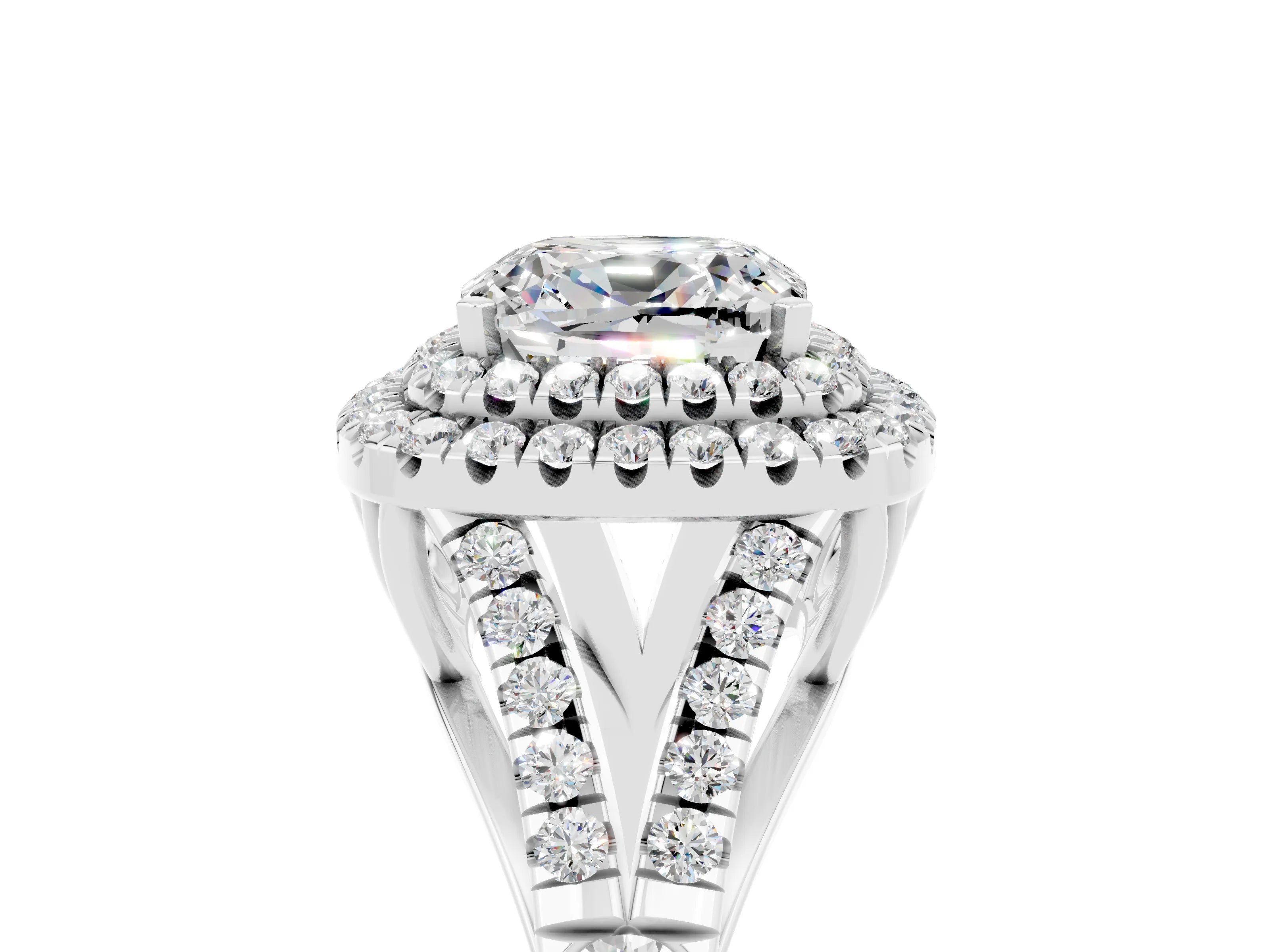 White gold Cushion Cut Moissanite Pavé Split Shank Double Halo Engagement Ring_5