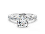 White gold Cushion Cut Moissanite Pave Band Solitaire Ring with Four-Prong Setting_12