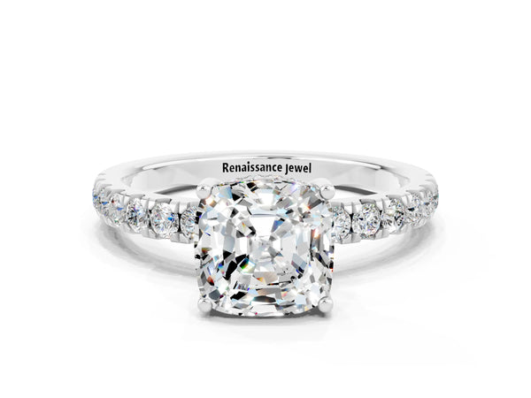 Platinum Cushion Cut Moissanite Pave Band Solitaire Ring with Round  and Prong Setting