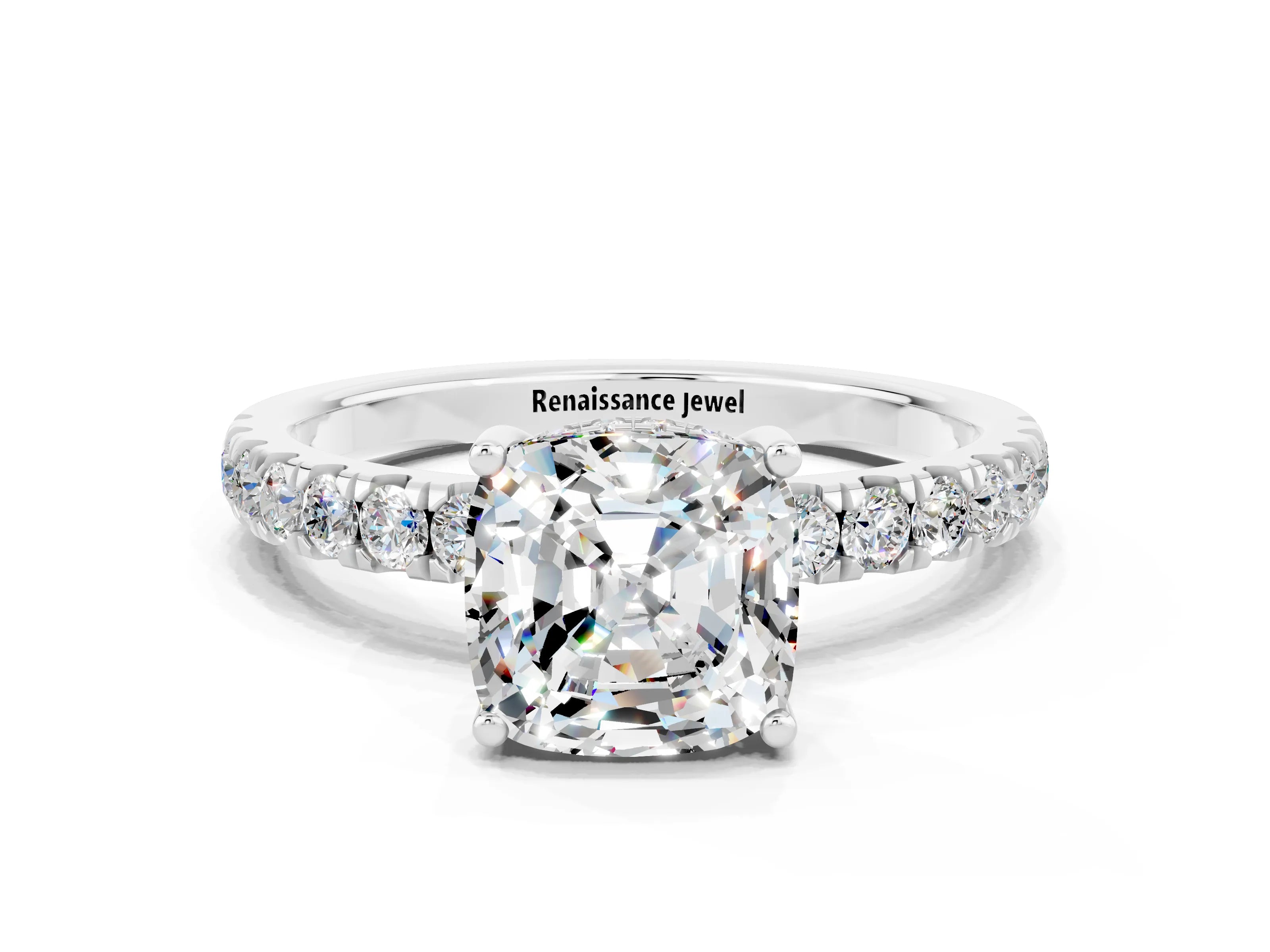 White gold Cushion Cut Moissanite Pave Band Solitaire Ring with Four-Prong Setting_12