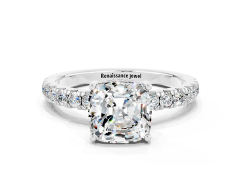 White gold Cushion Cut Moissanite Pave Band Solitaire Ring with Four-Prong Setting_12
