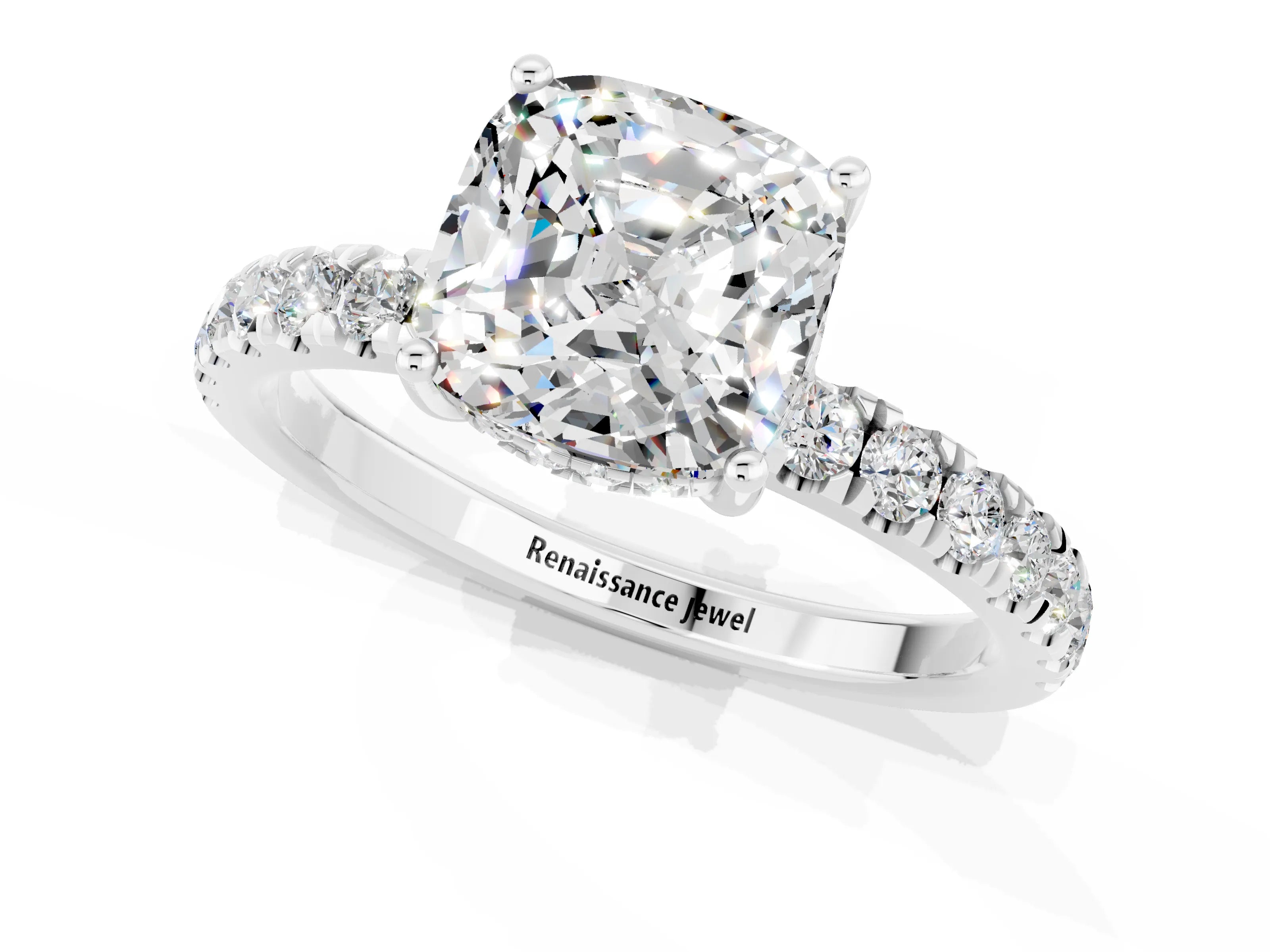 White gold Cushion Cut Moissanite Pave Band Solitaire Ring with Four-Prong Setting_13