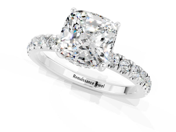 White gold Cushion Cut Moissanite Pave Band Solitaire Ring with Round  and Prong Setting