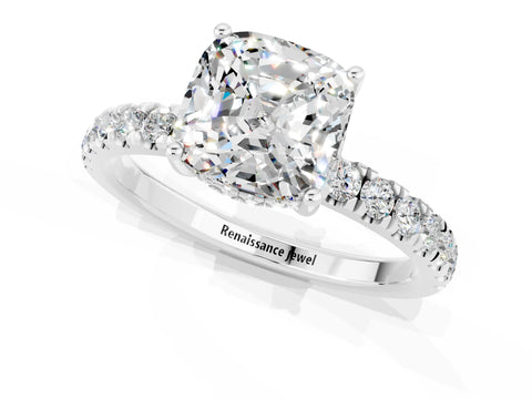 White gold Cushion Cut Moissanite Pave Band Solitaire Ring with Four-Prong Setting_13
