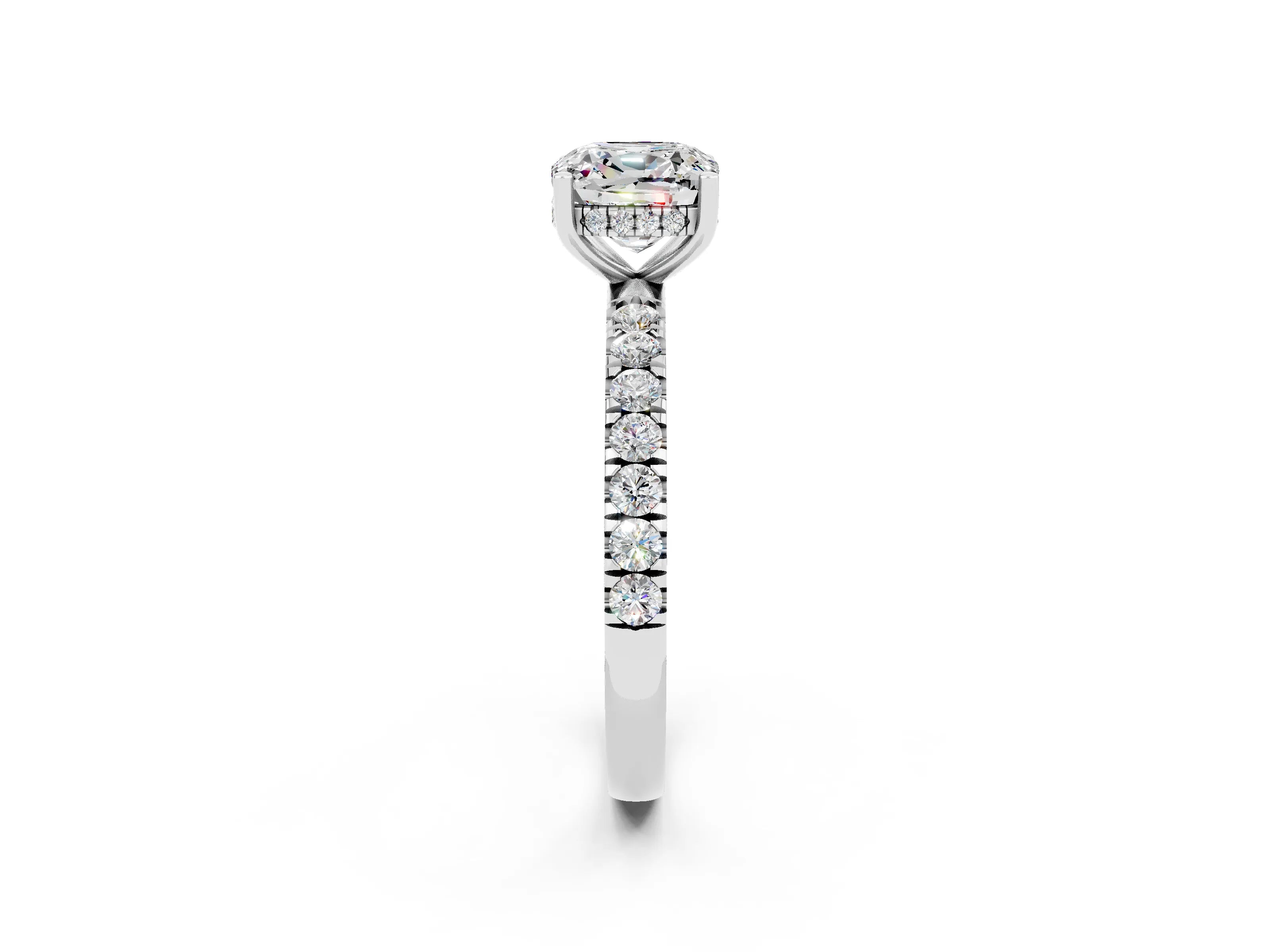 White gold Cushion Cut Moissanite Pave Band Solitaire Ring with Four-Prong Setting_14
