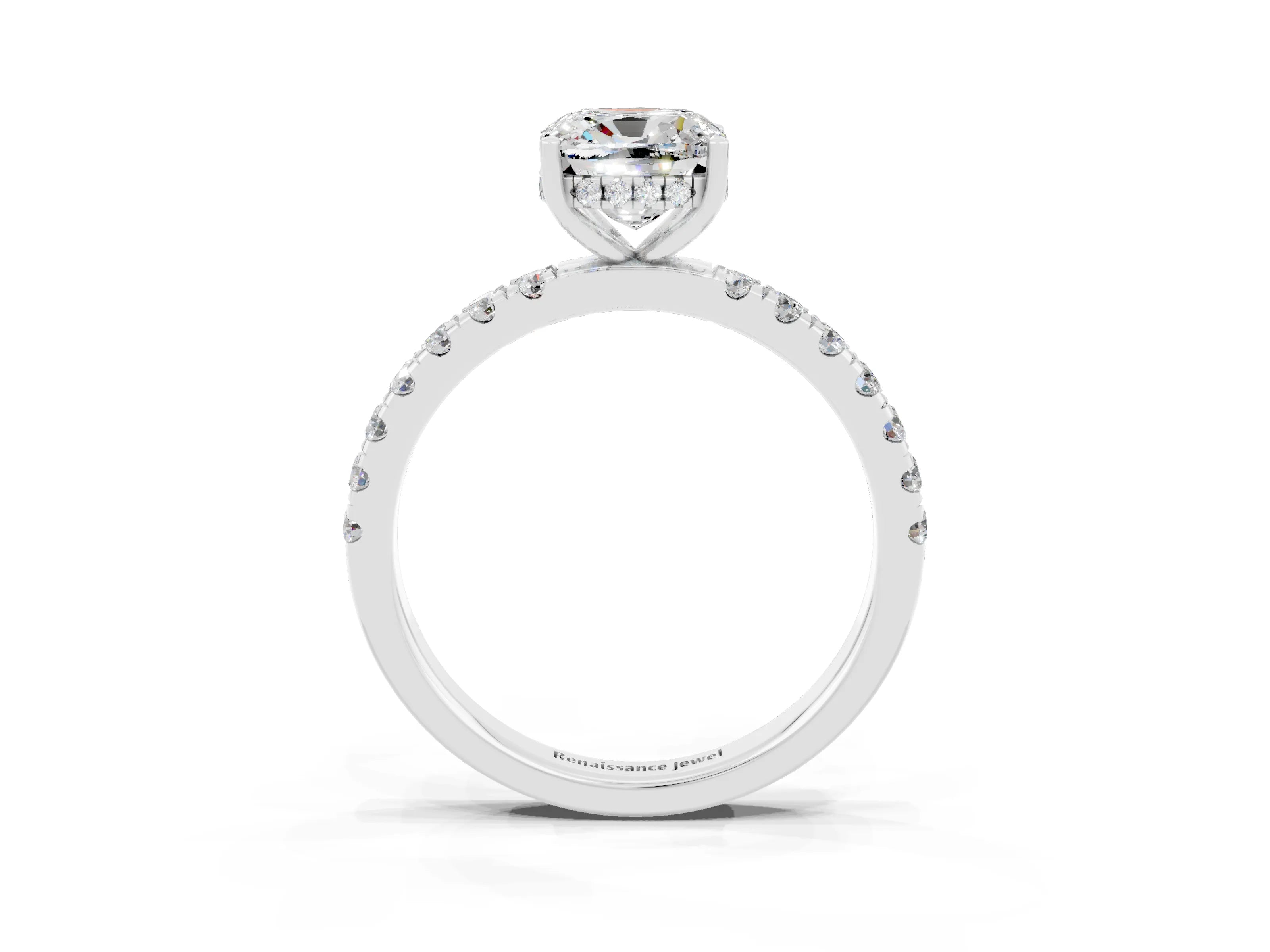 White gold Cushion Cut Moissanite Pave Band Solitaire Ring with Four-Prong Setting_15
