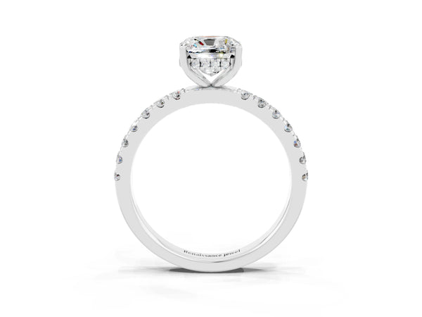 White gold Cushion Cut Moissanite Pave Band Solitaire Ring with Round  and Prong Setting